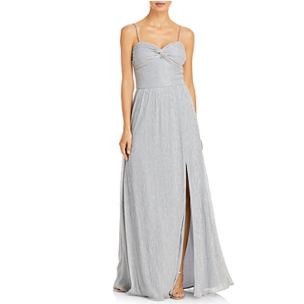 AQUA Sparkly Chiffon Long A-Line Evening Gown Silver Size 8 Formal Dress